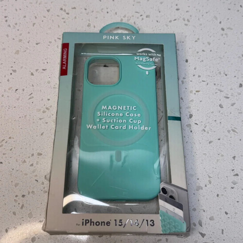 Pink Sky Magnetic Silicone Case Wallet Holder for iPhone 15 14 13 Teal MagSafe